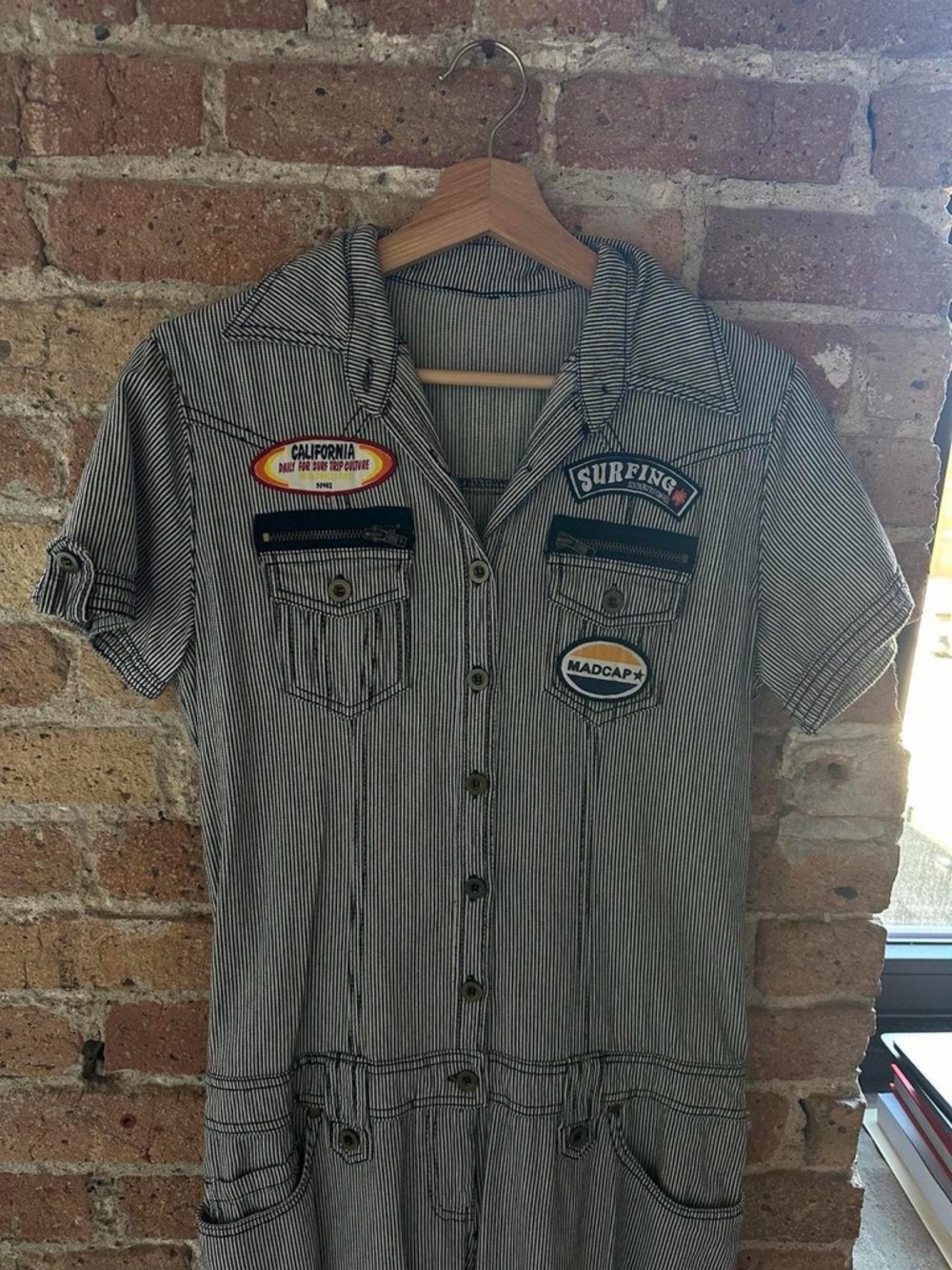 Vintage Striped Jumpsuit with Surfing & California Patches - Black & White